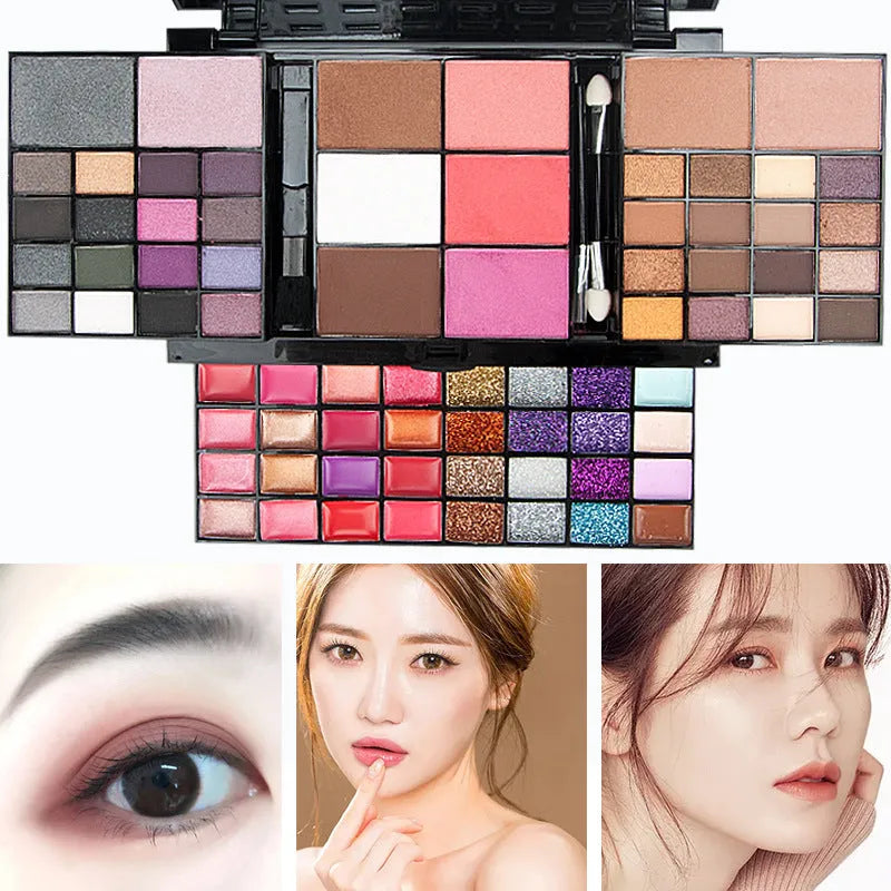 74 colour makeup palette set with four layers, mirror and brushes including eyeshadows and lip glosses