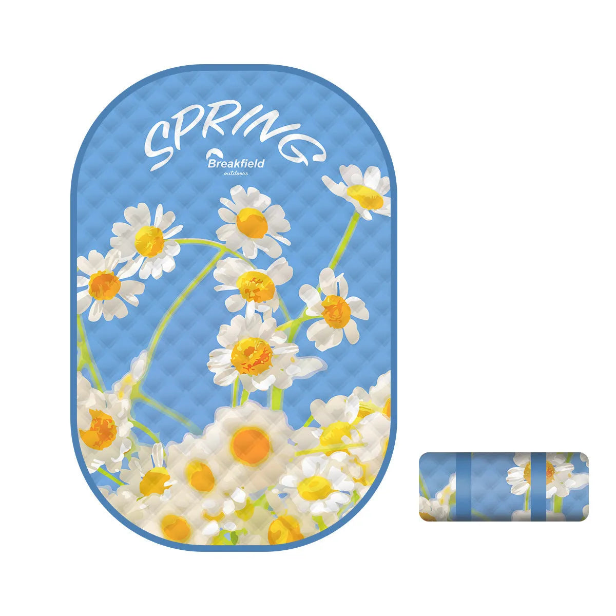Large waterproof outdoor picnic mat in a seasonal colour, laid out on grass.
