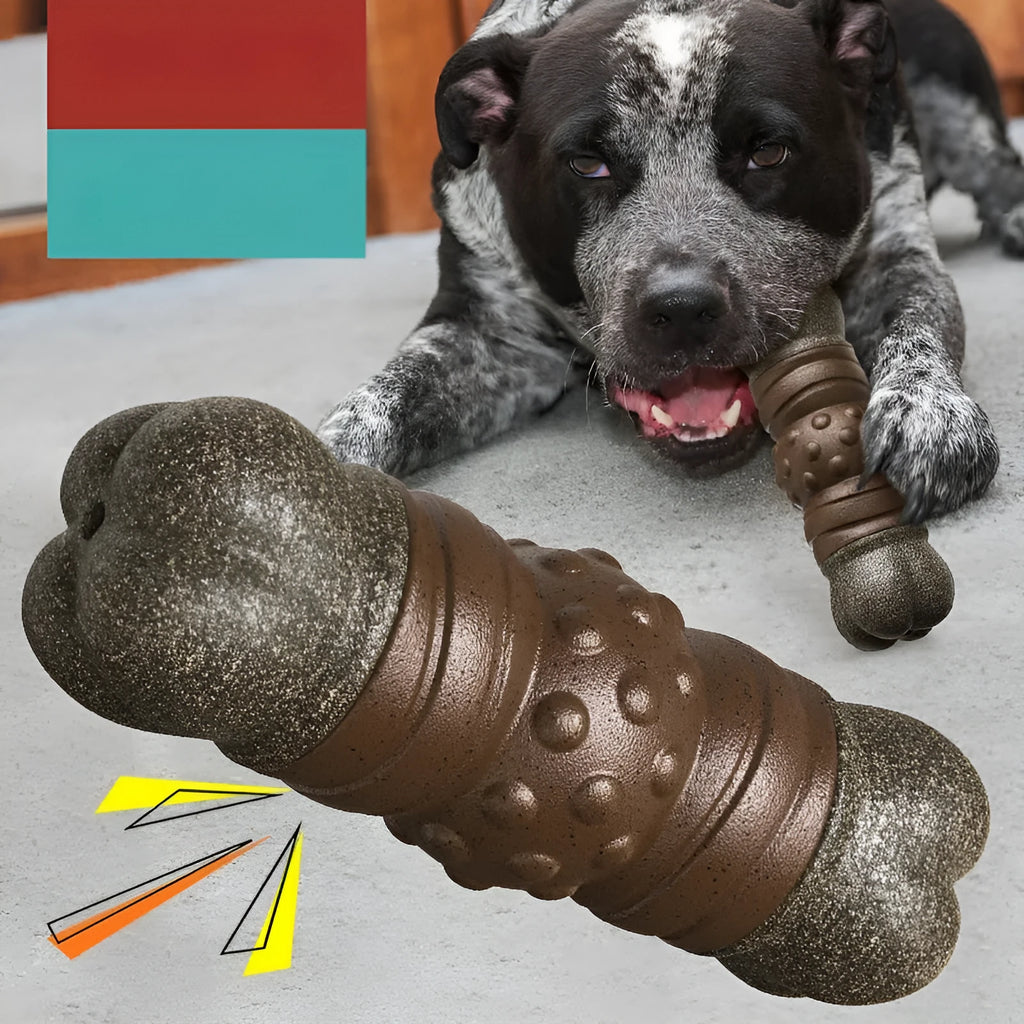 Wood colour plastic sounding bone dog toy with an integrated molar rod for chewing and teeth cleaning.