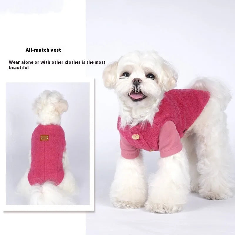 Cotton Korean-style dog vest in blue cashmere colour on small dog, showing casual knit design