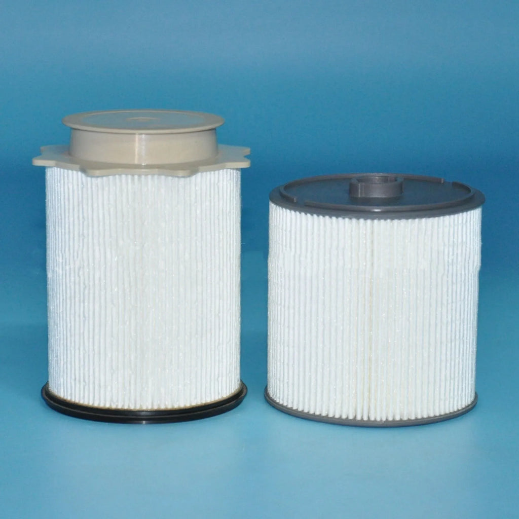 White fuel filter kit for RAM truck Cummins 6.7L diesel engine replacement.