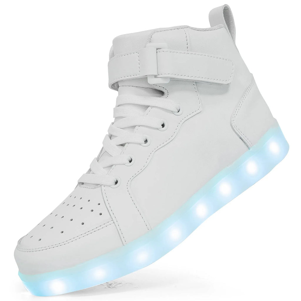 Unisex black LED high-top shoes with glowing light-up soles and Velcro strap.