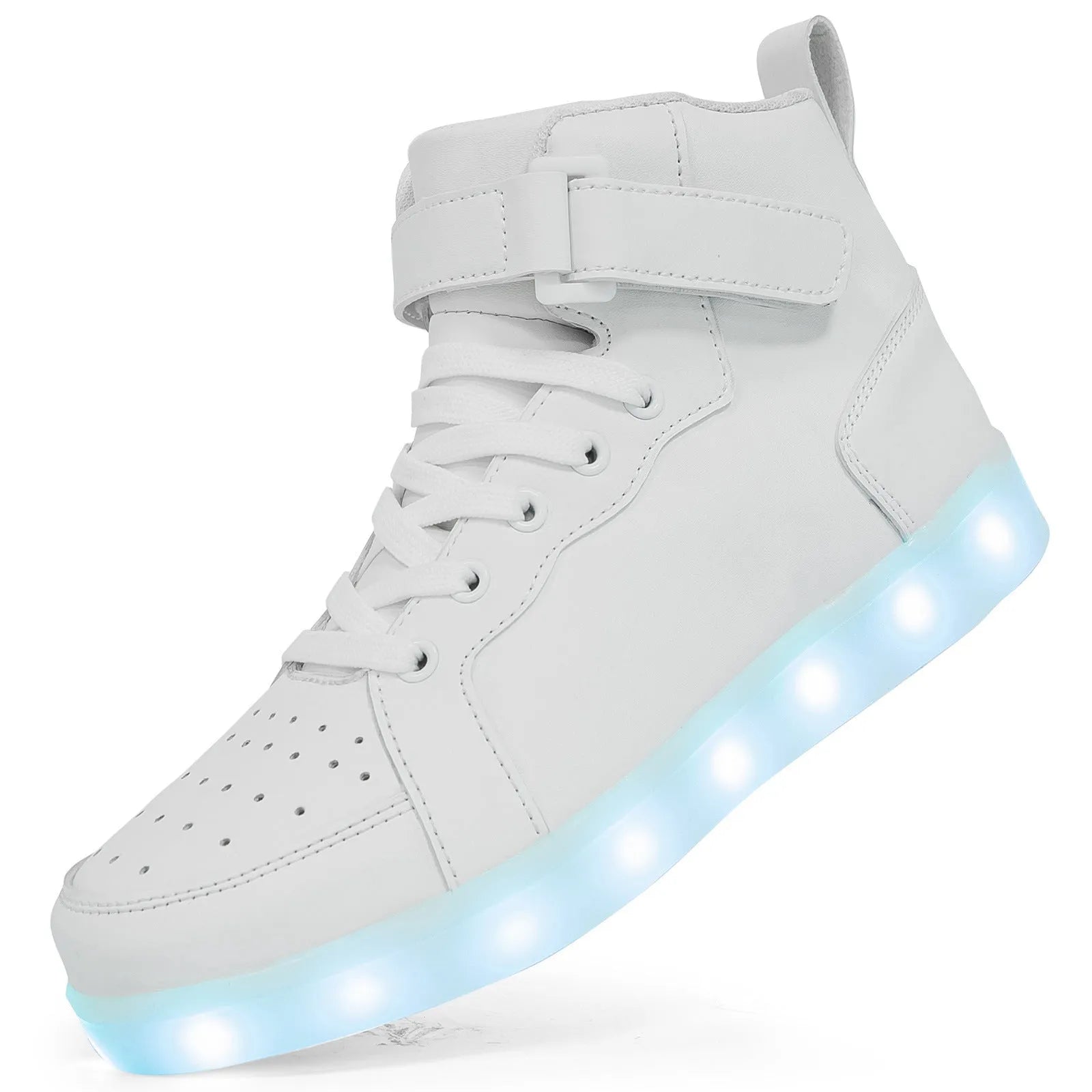Unisex black LED high-top shoes with glowing light-up soles and Velcro strap.