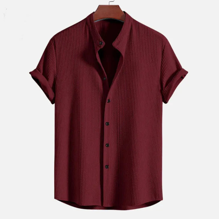 Men's loose fit short sleeve casual shirt in various colours including wine red and light blue