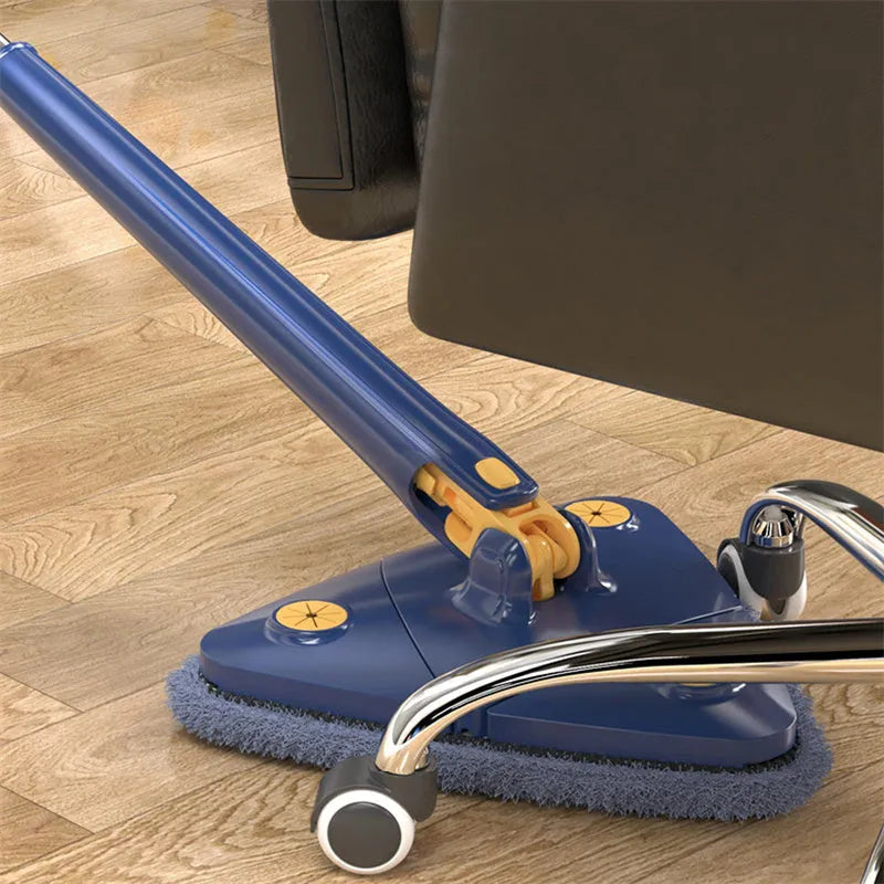 Extendable triangle mop with rotating blue head and adjustable stainless steel pole for corner cleaning
