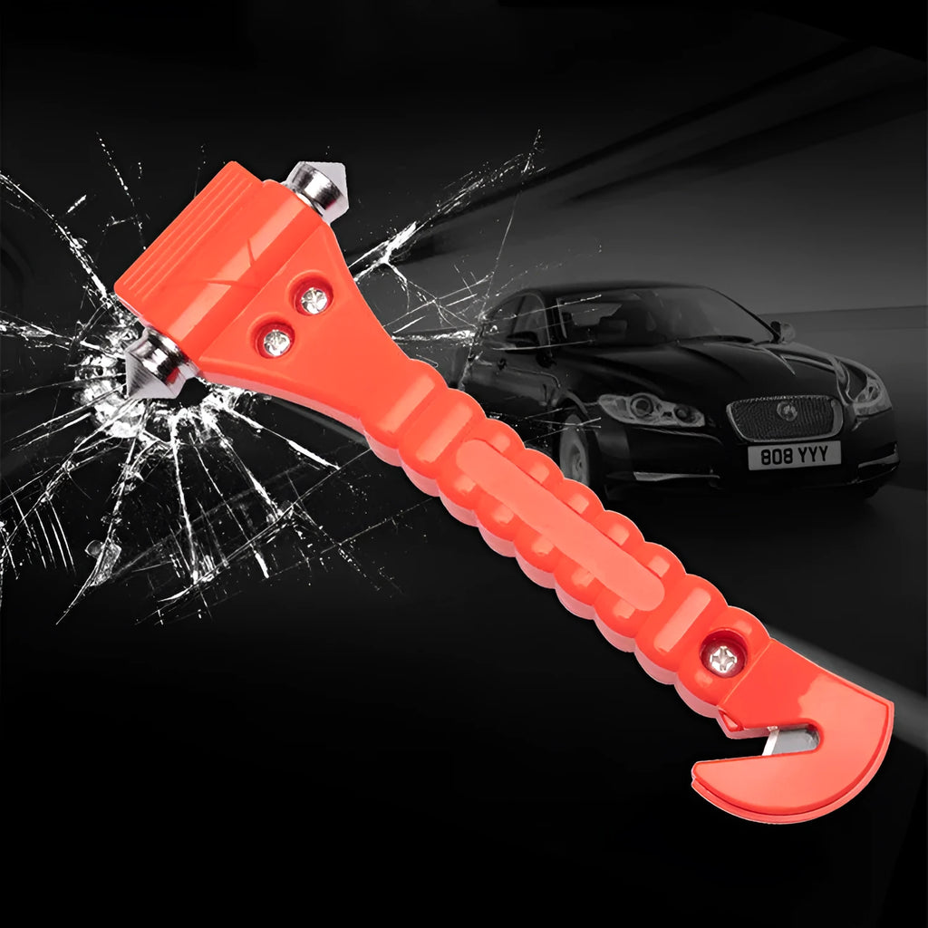 Red car life hammer with solid ABS plastic body and carbon steel window-breaking tip