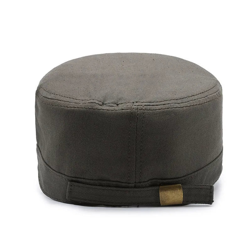 Men's adjustable cotton flat-top peaked cap in army green with dome crown and letter detail.