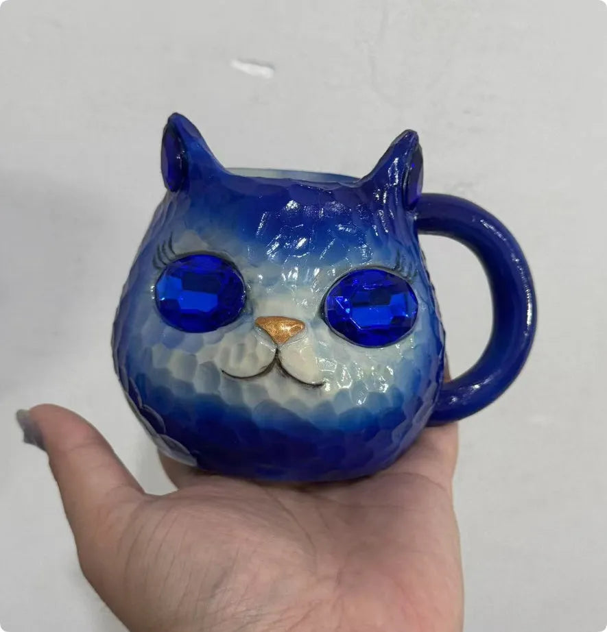 Crystal Earth cat cup resin craft gift in purple, green, blue, and pink colour options.