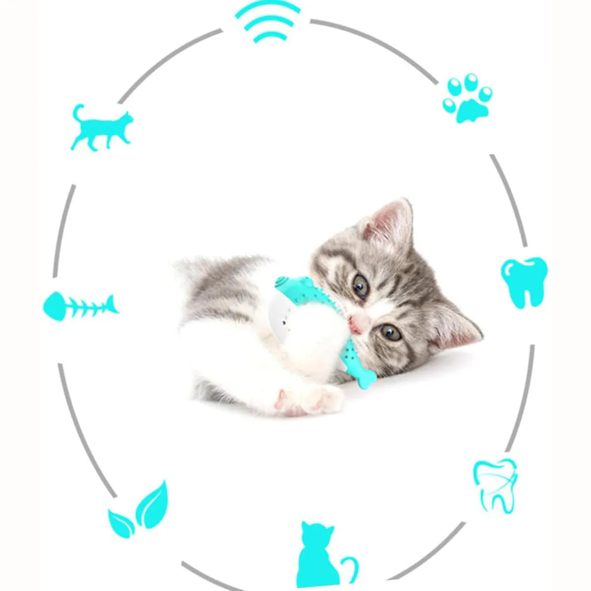 Silicone fish-shaped cat chew toy for grabbing and chewing, measuring 12.2cm long, in blue, green, pink or yellow