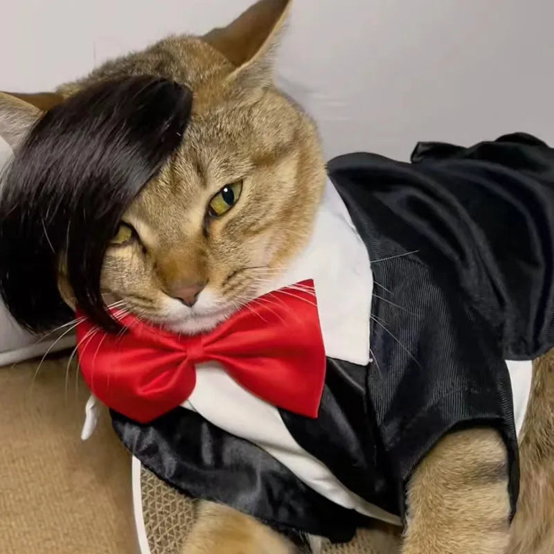 Black polyester fox-style wig for cats on a white background.