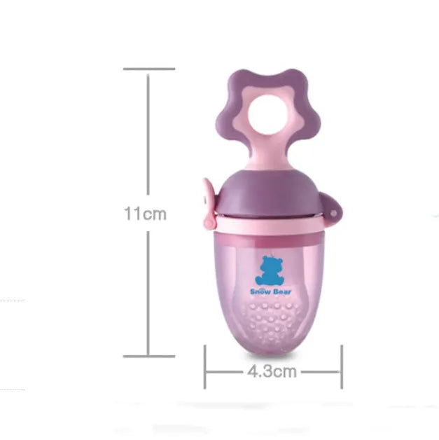 Purple and green polypropylene baby bite trainer with textured grip surface