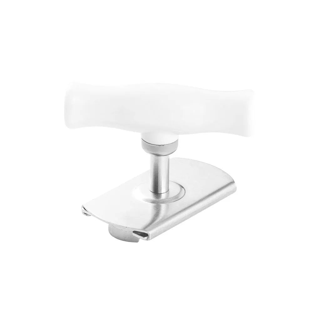 White adjustable stainless steel bottle opener with gear design and PP handle on a wooden surface.