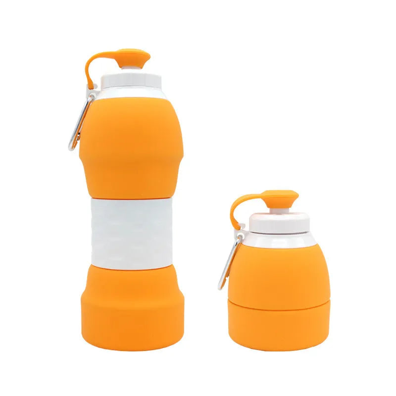 Blue silicone folding water bottle shown at full height and collapsed height next to a backpack