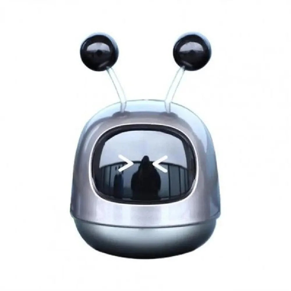 Robot-shaped car vent clip air freshener with aromatherapy gel in blue, grey, or red colour options.