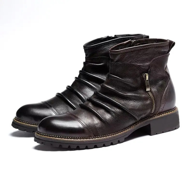 Men's black high-top cowboy boots with side zip and round toe on a plain background