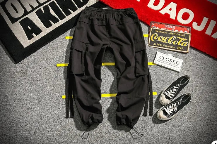 RIBBON Cargo Pants for men cotton blend multi-pocket drawstring waist loose fit in black gray red sizes M to 5XL