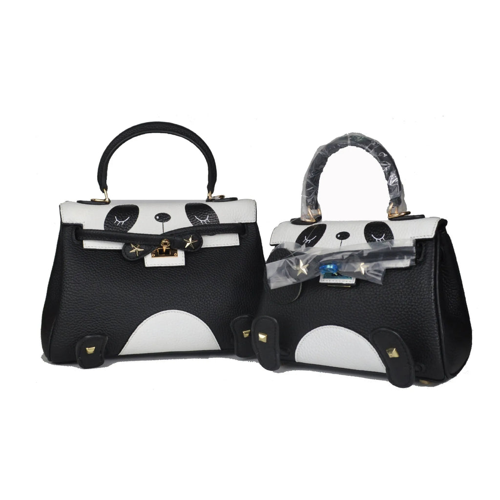 A square cow leather handbag with a sweet panda animal print, shown in two size options.