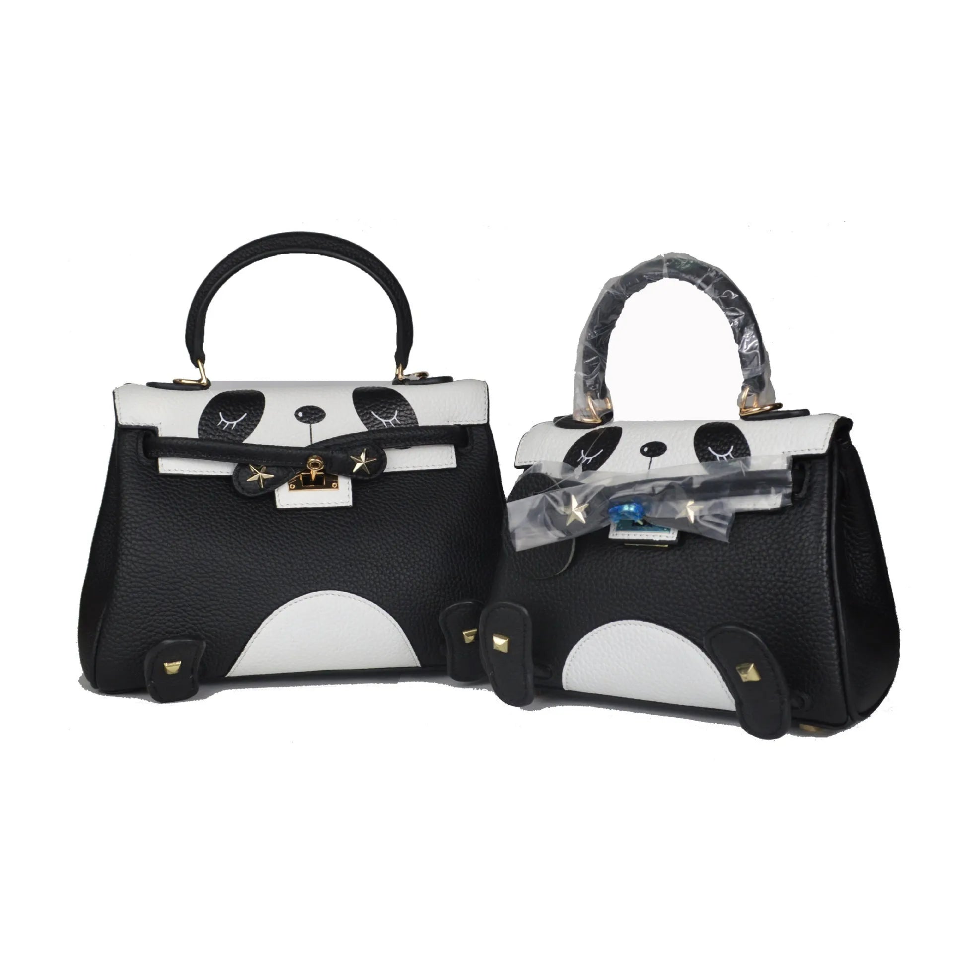 A square cow leather handbag with a sweet panda animal print, shown in two size options.