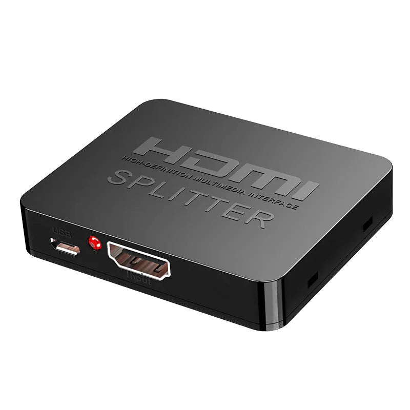 4K HDMI one-to-two splitter distributor with multiple power interface options showing front and rear connections