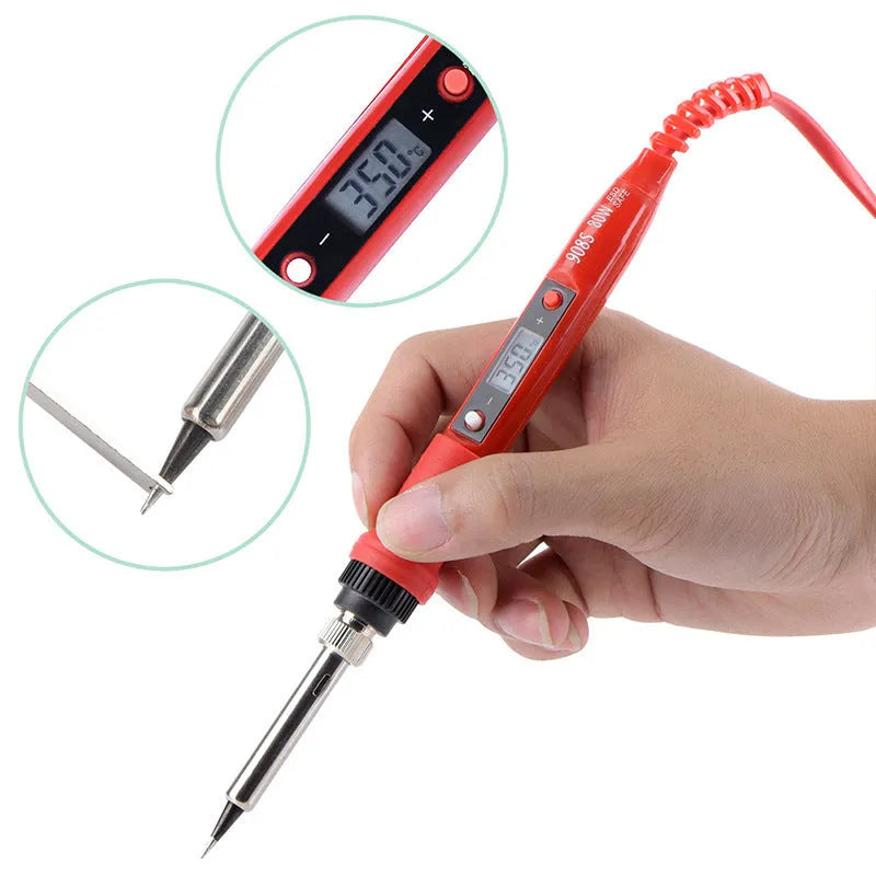 80W LCD adjustable temperature soldering iron kit with desoldering pump, five tips, stand, sponge, tweezers, wire stripper, and fabric case in black