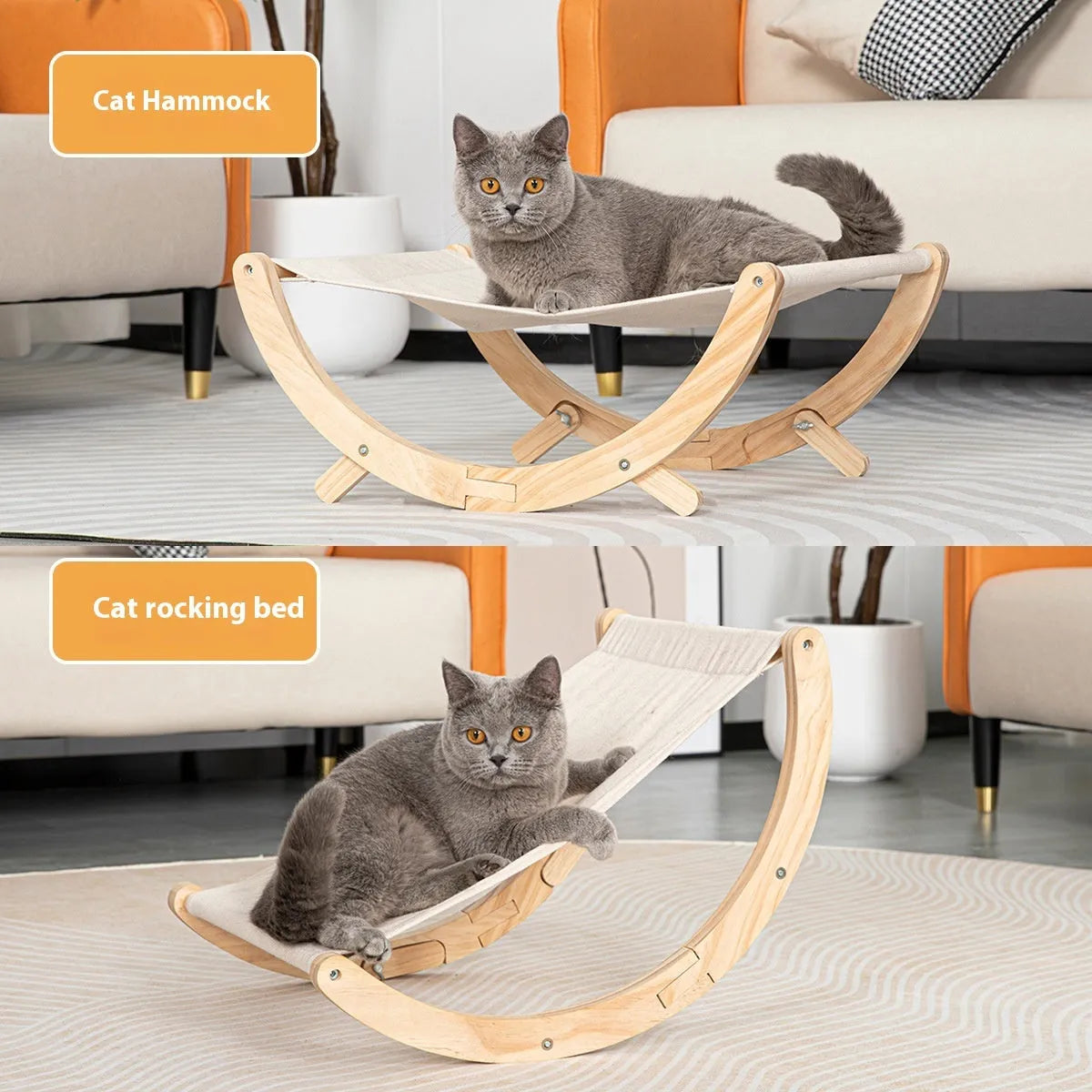 Solid wood cat hammock bed with brown frame and fabric surface