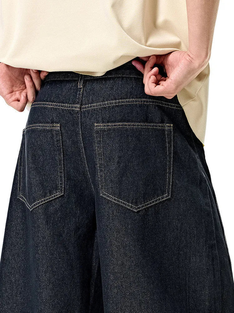 Men's wide leg denim trousers in original cow colour cotton fabric with mid-waist fit