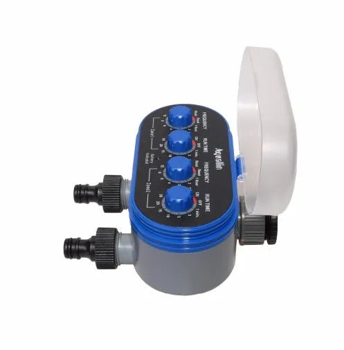 Dual timed irrigation controller device for automatic garden watering with battery compartment