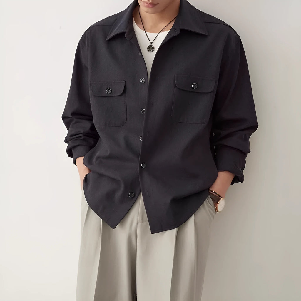 Men's light sand rice casual long sleeve shirt with a contrasting cotton fabric lapel.