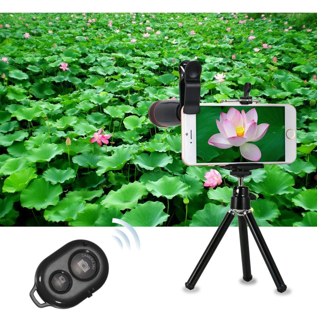3-in-1 telephoto lens kit for mobile phones with 8x magnification, universal clip, and selfie stick clamp