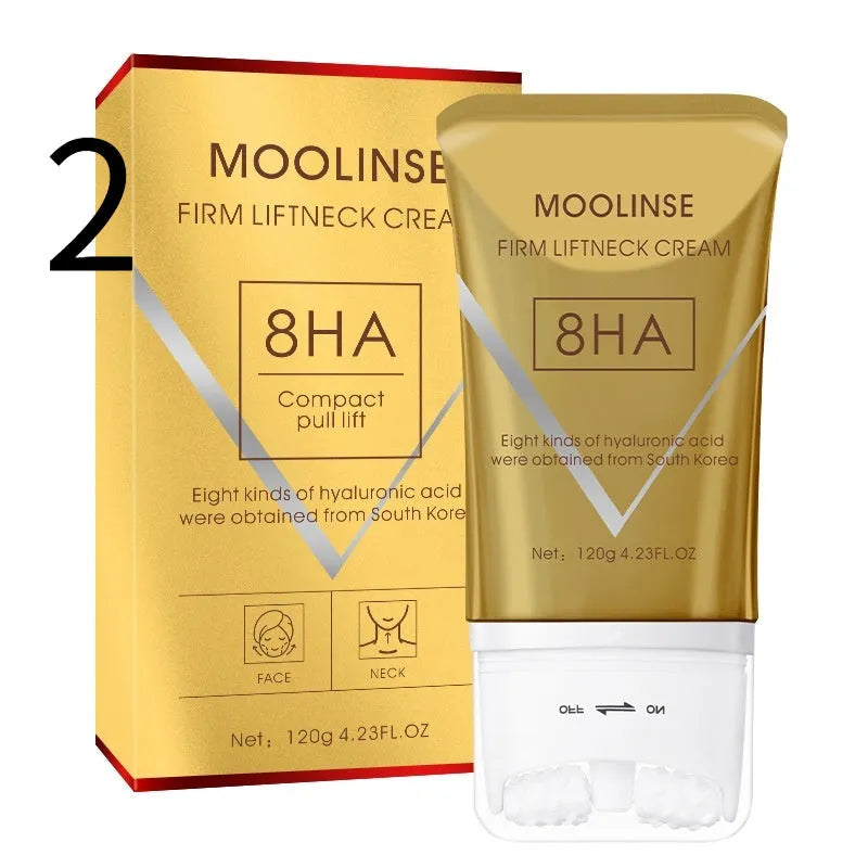 Neck moisturising cream with roller applicator for dry skin treatment in medium sample size packaging