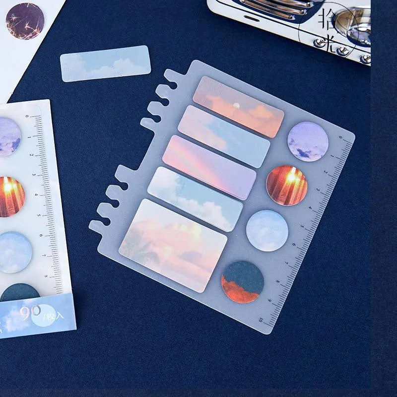 PP bottom plate mark sticky note index sticker set with colourful tabs and plastic ruler for page organisation.