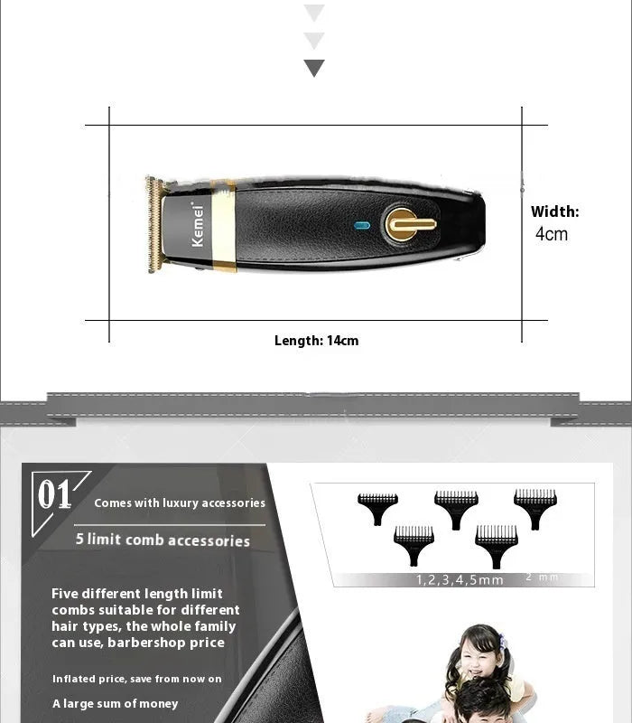 KM1834 rechargeable electric hair clipper with five limit combs, USB cable, lubricant, and brush on a table