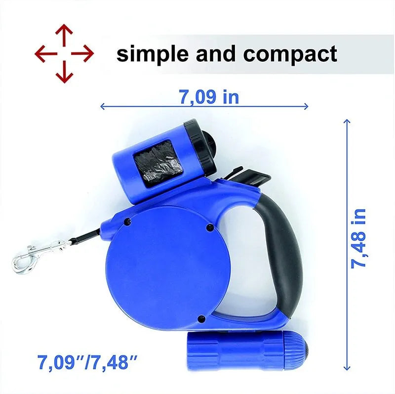 4.5m retractable dog lead with LED light and waste bag dispenser, black, ABS and nylon construction