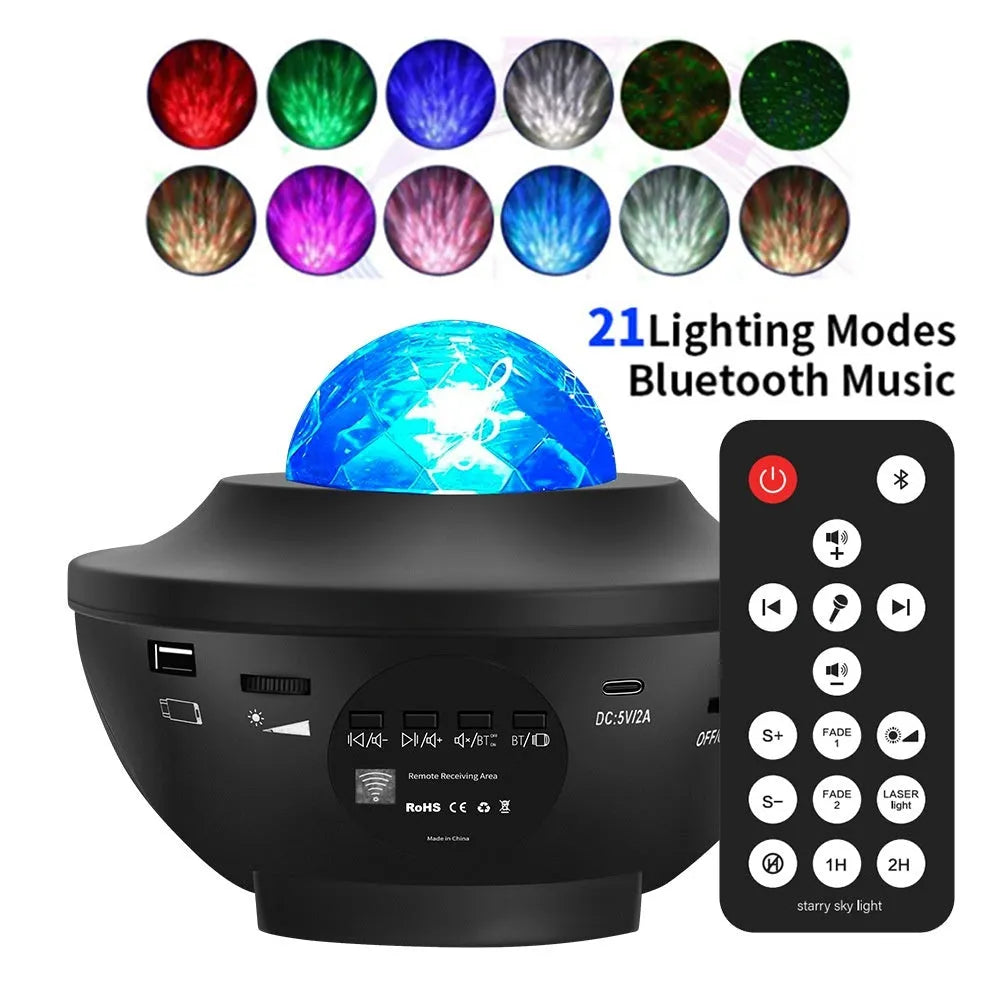 Small black bowl-shaped starry sky projection lamp with rotating water ripple laser effects on desk
