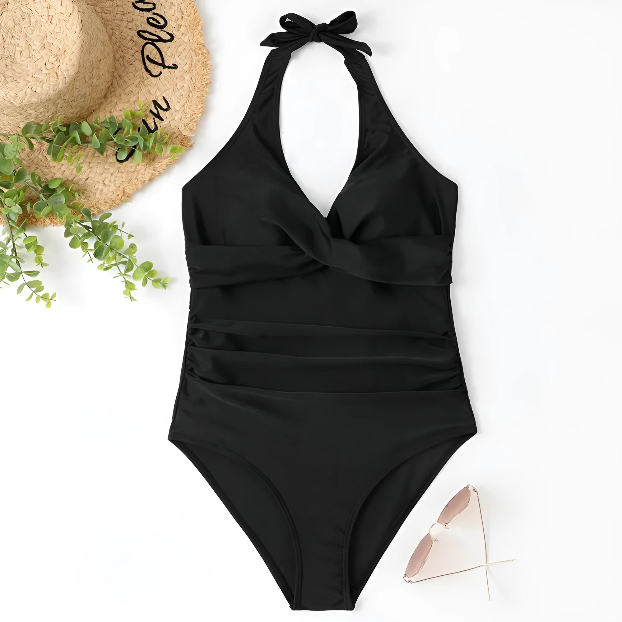 Women's solid colour one-piece swimsuit with cross front design in polyester fabric.