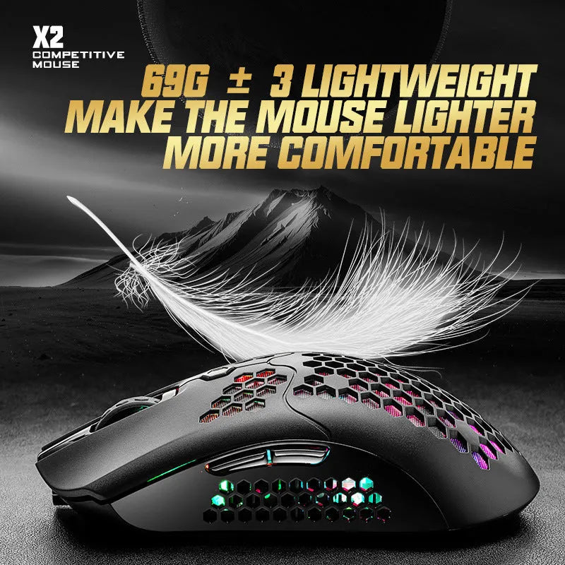 Free Wolf X2 wireless gaming mouse with RGB lighting in black, green, pink, white, or yellow colour options.