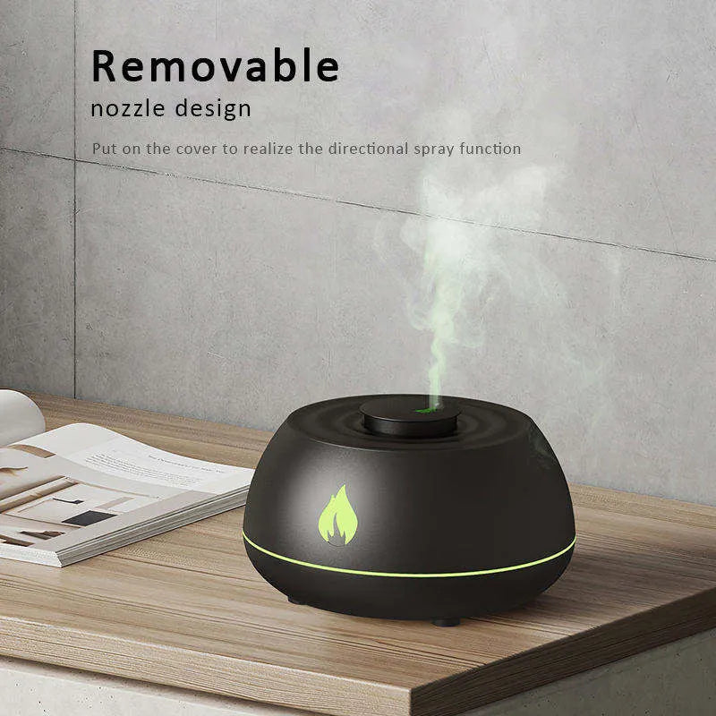 Black flame humidifier aroma diffuser with 130ml tank, 7 colour lights, and USB power on a wooden table