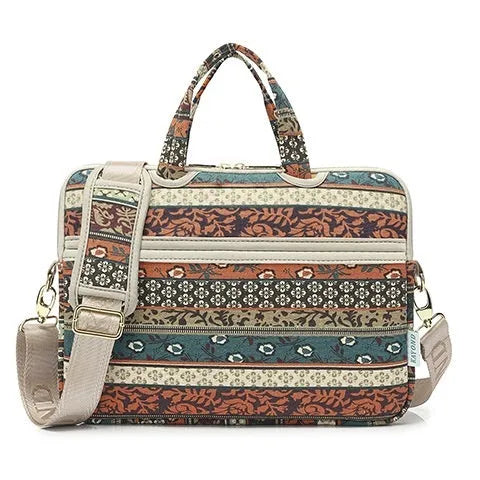 Canvas laptop sleeve with printed pattern for 13-15 inch notebooks, plush lining, and padded shoulder strap