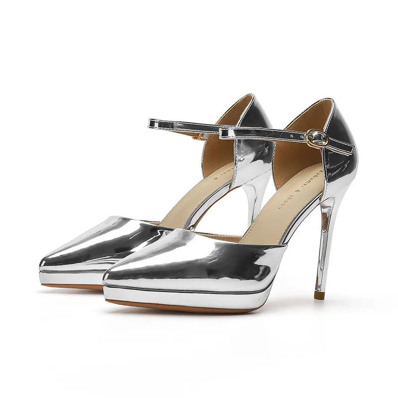 Pointed-toe waterproof platform women's high heels with 10.5cm stiletto heel in black leather with hollow cut-out sides