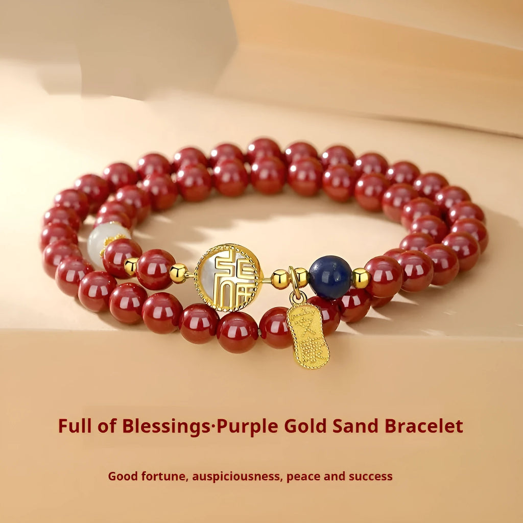 S925 sterling silver bracelet with purple gold sandstone charm, white shell card, and red cinnabar details.