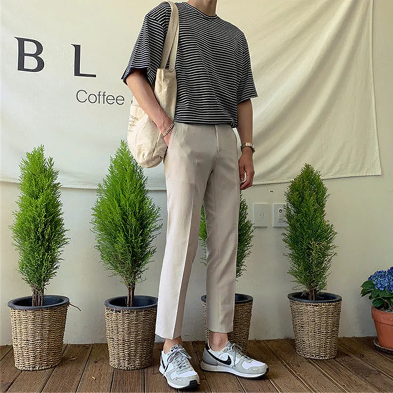 Men's slim straight-leg cotton trousers with drawstring waist in black, grey, or khaki colours