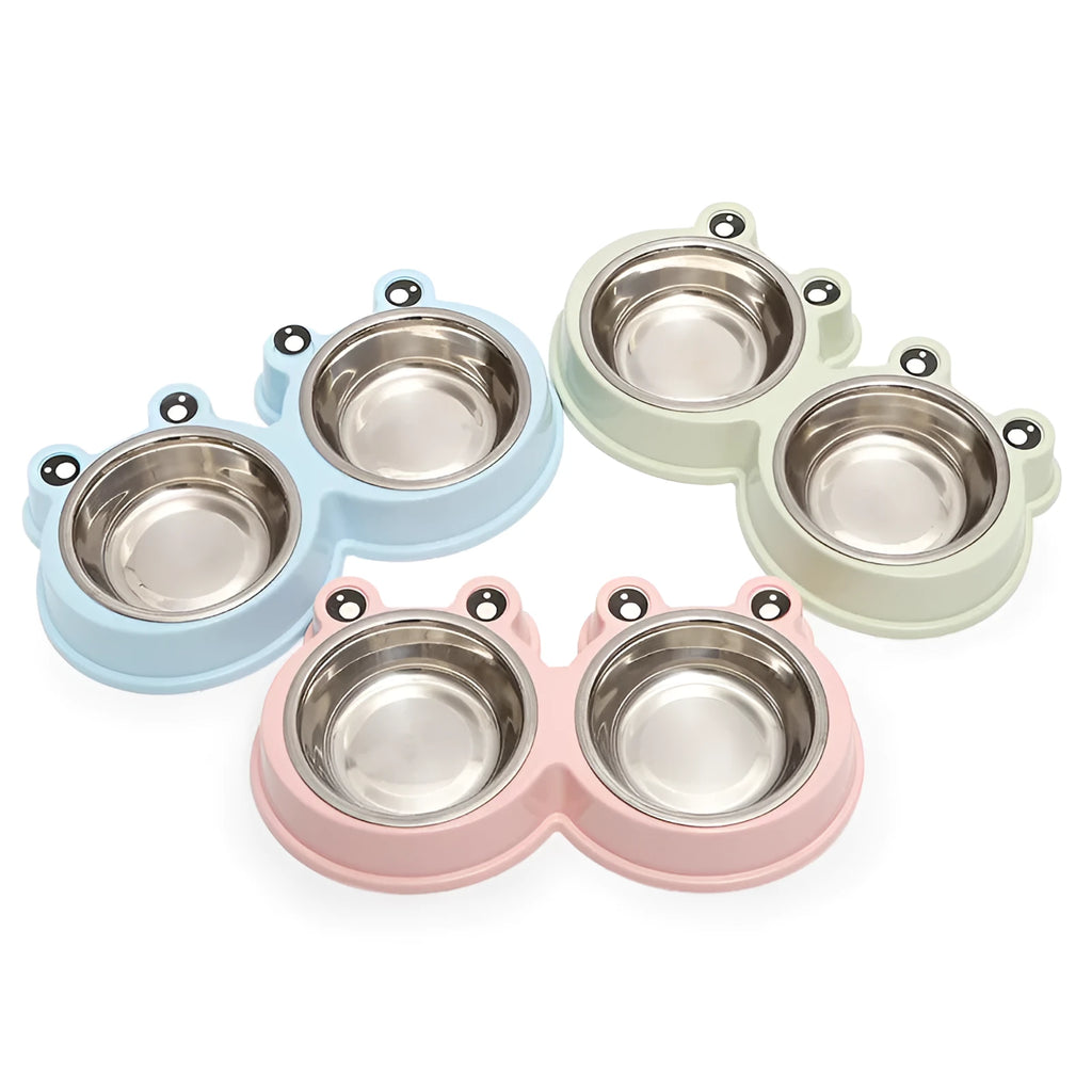 Stainless steel pet double bowl for cat and dog feeding in blue, green, and pink colours.