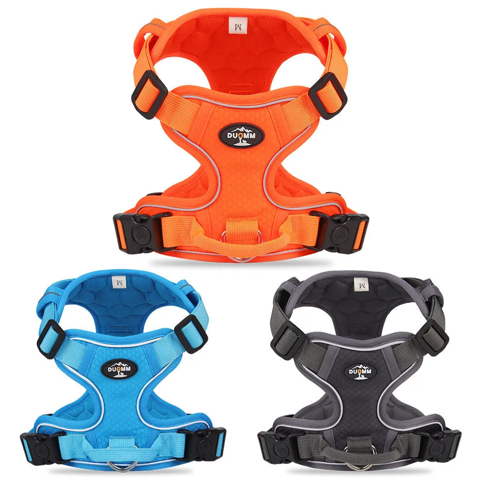 Reflective dog harness vest in orange with handle and round rope, Oxford cloth construction