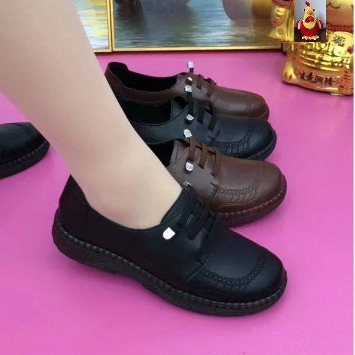 Soft leather women's low-heel non-slip shoes black brown PU leather beef tendon bottom lace-up autumn footwear