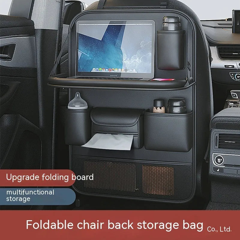 Genuine leather car seat organiser bag with a fold-out table in black, brown, grey, or green.