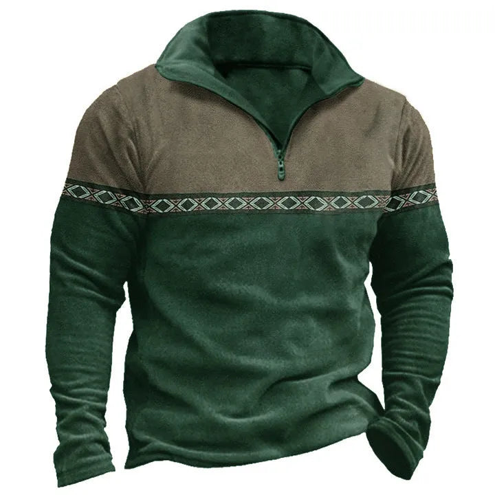 Retro patchwork polo shirt sweater with zip front closure in cotton blend fabric