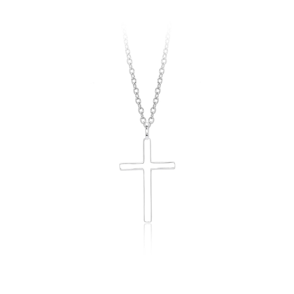 Simple glossy cross pendant on an adjustable O-shaped sterling silver chain.