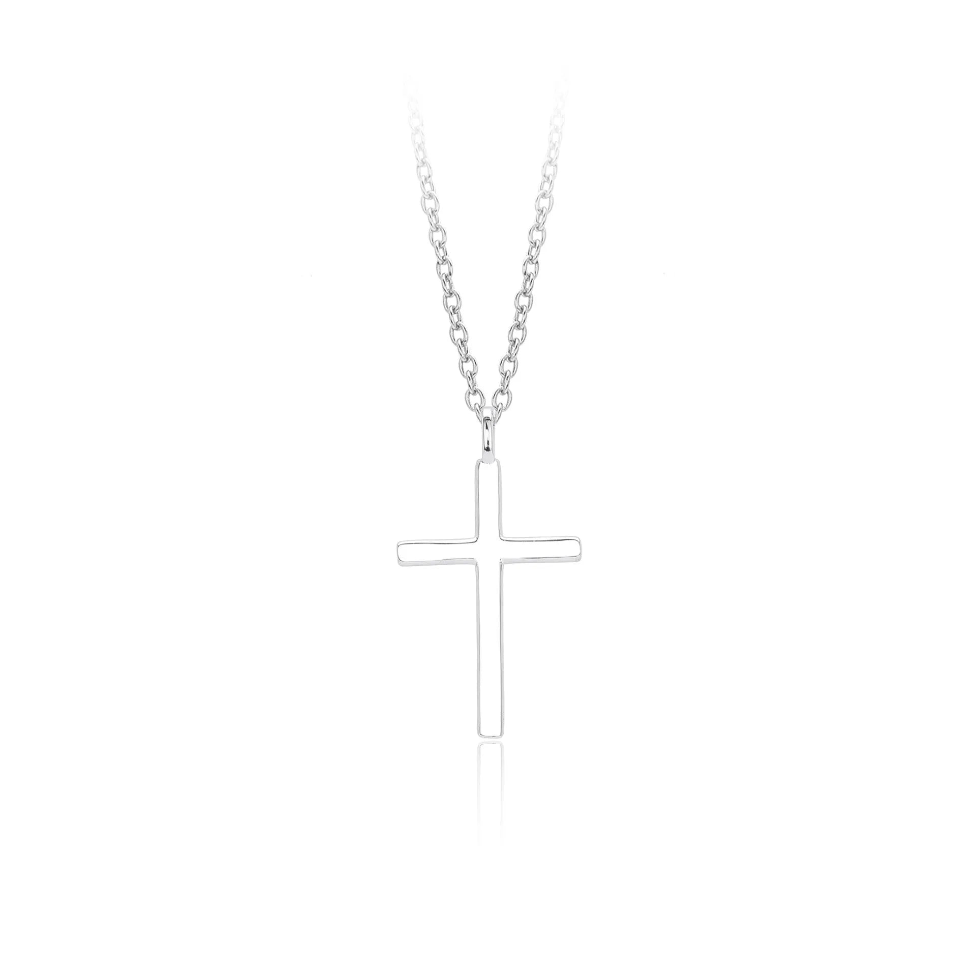 Simple glossy cross pendant on an adjustable O-shaped sterling silver chain.