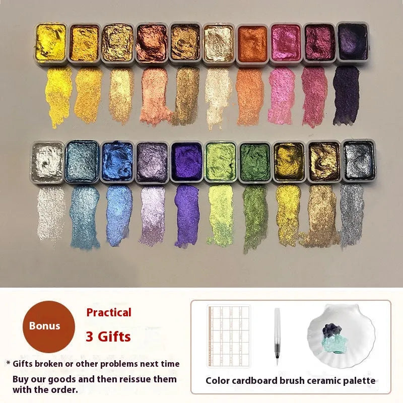 Traditional Chinese painting watercolour set showing tubes of pearlescent mineral colours including red, white, and gold 5ml tubes.