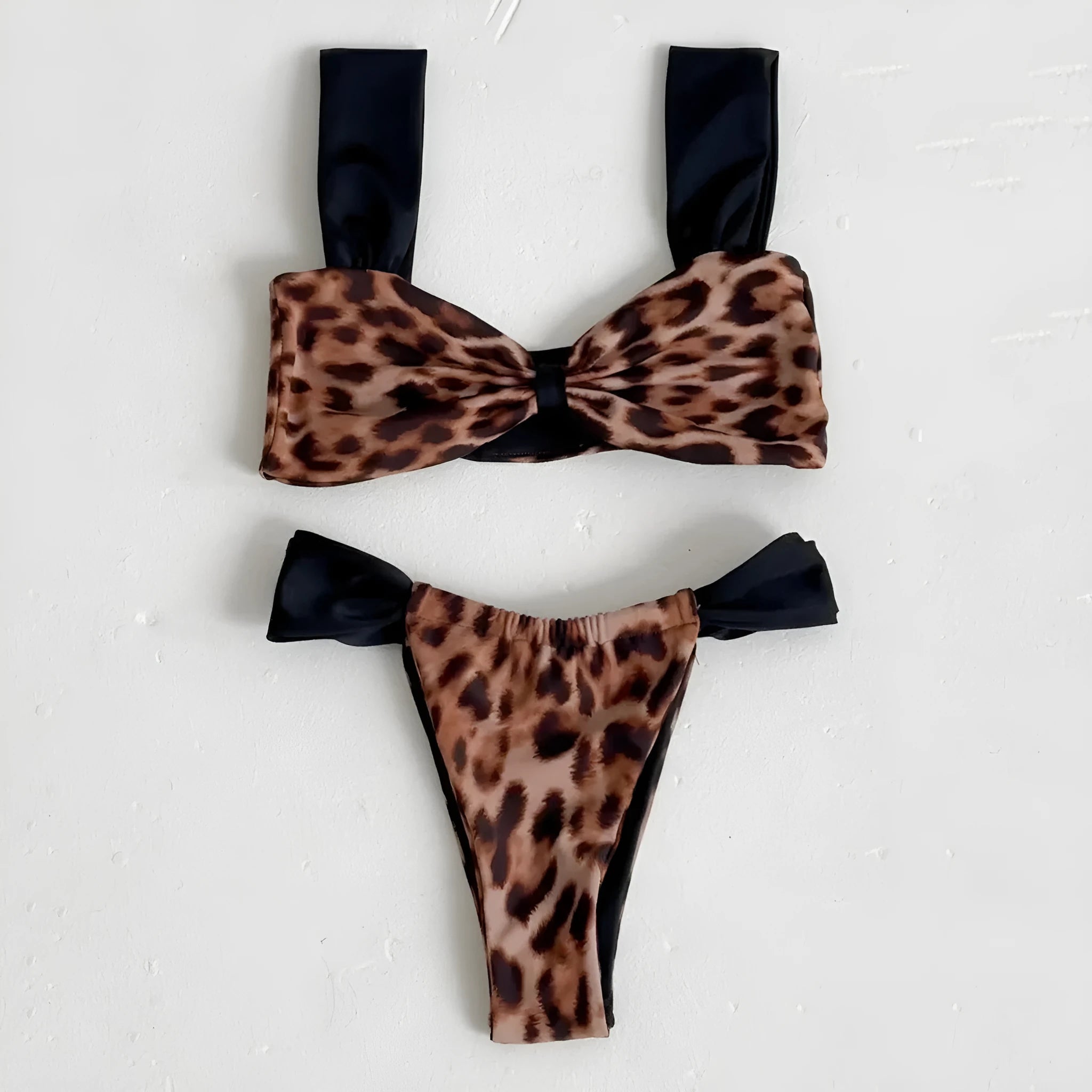 Women's leopard print and black bikini set with tube top and split-style briefs